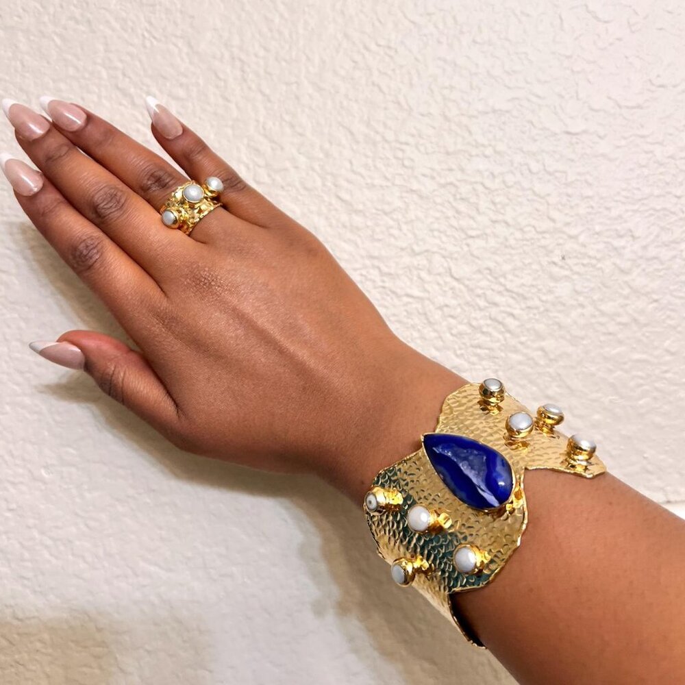 Gold Plated Gemstone Cuff Bracelet & Ring  Set